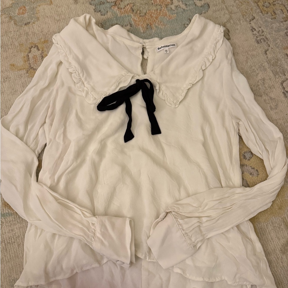 Reformation White Blouse with Black Tie